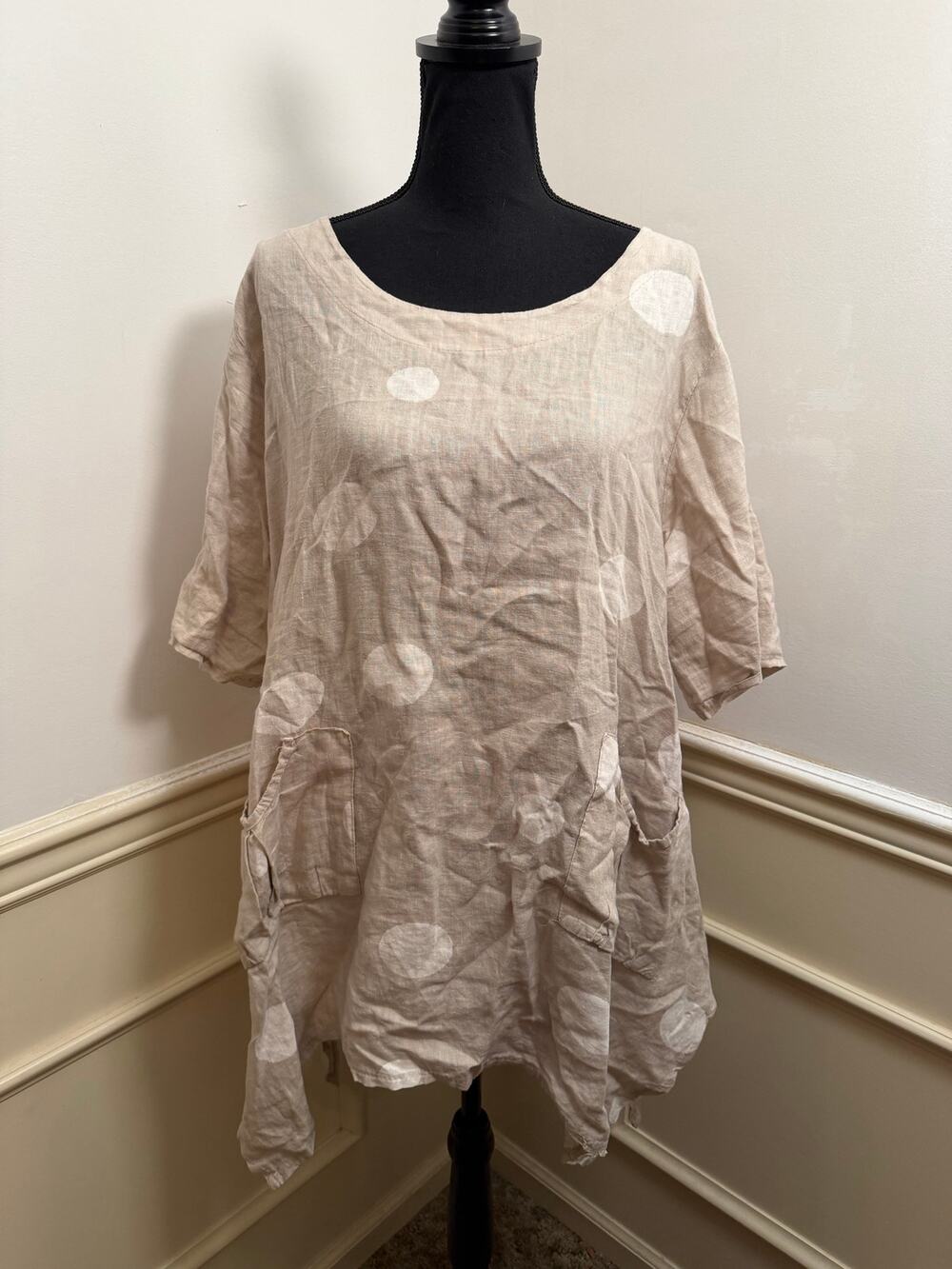 Kaktus Made in Italy Linen Polka Dot Tunic Dress Tan Beige Lagenlook Pockets